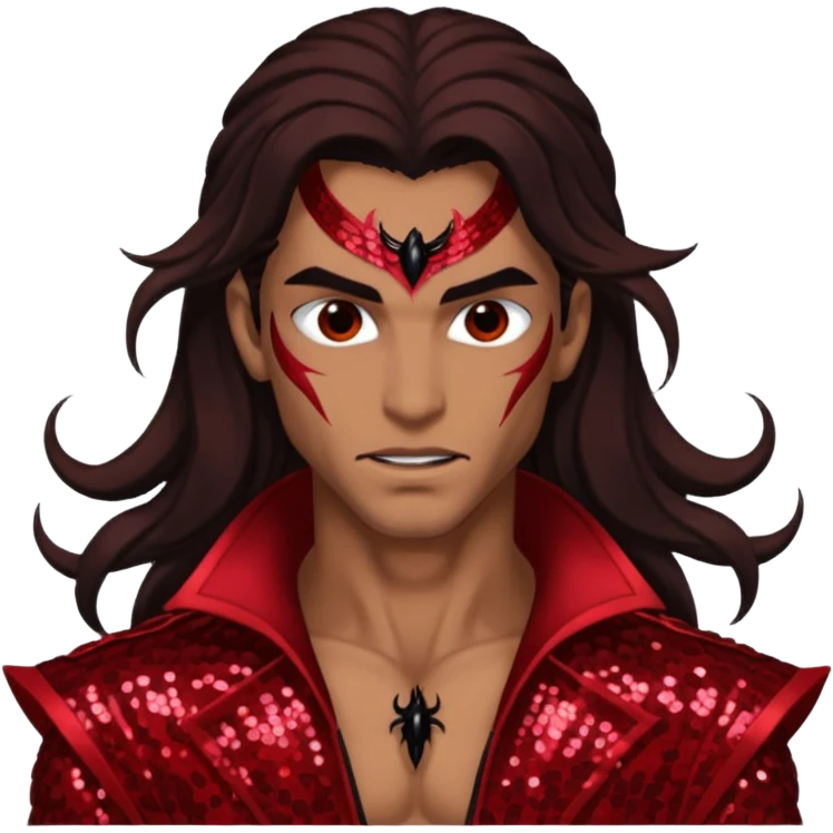 Samael, Venom of God from Gods and Goddesses with tan skin, long dark brown hair, dark red sequin outfit emoji