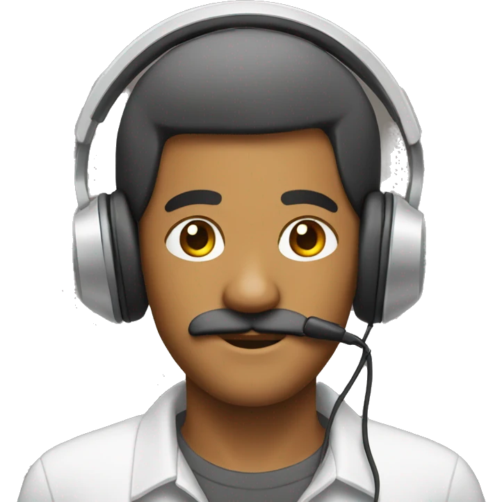 Make a brown man with mustache and with wired headphones and a computer and wearing a shirt  emoji