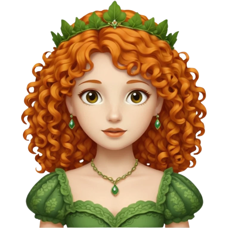 orange curly hair beautiful princess full body in leafy green dress elegant emoji