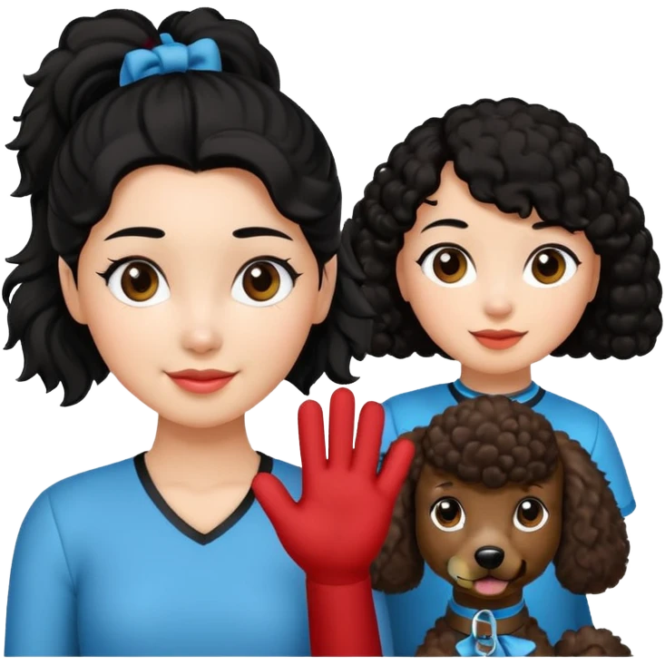 Ponytail black hair girl with brown Poodle say goodbye  emoji