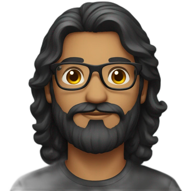 Indian man with long wavy hair, well groomed beard, glasses and a black tee emoji