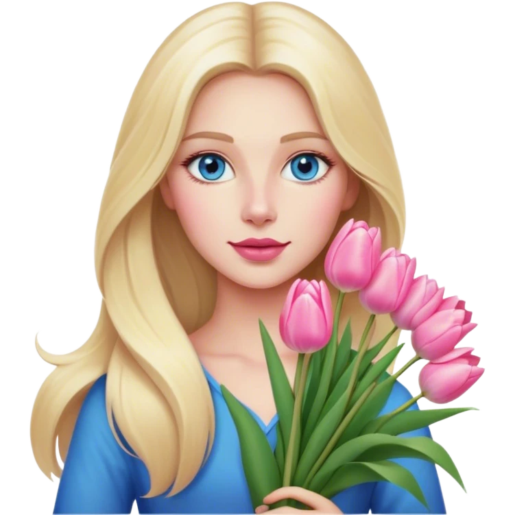 Cinematic realistic blonde with long hair, blue eyes and pink lips, holding a large bouquet of tulips in her hands emoji