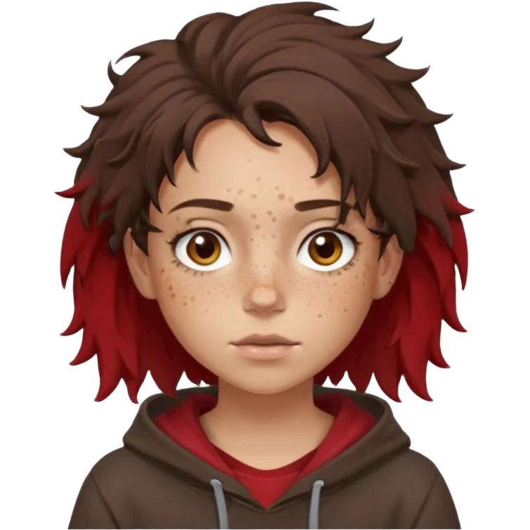 Hobo tomboy with light skin, freckles, dark brown shoulder-length hair in a messy style, brown eyes, dark brown hoodie, dull red shirt. emoji