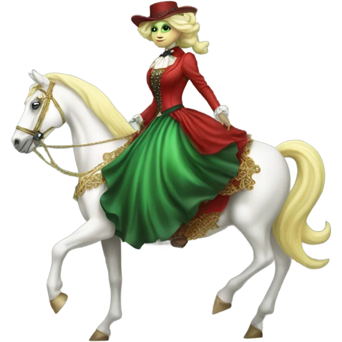 "green blonde alien woman" in red Victorian elegant dress, full body, rides "horse gold and white"
 emoji