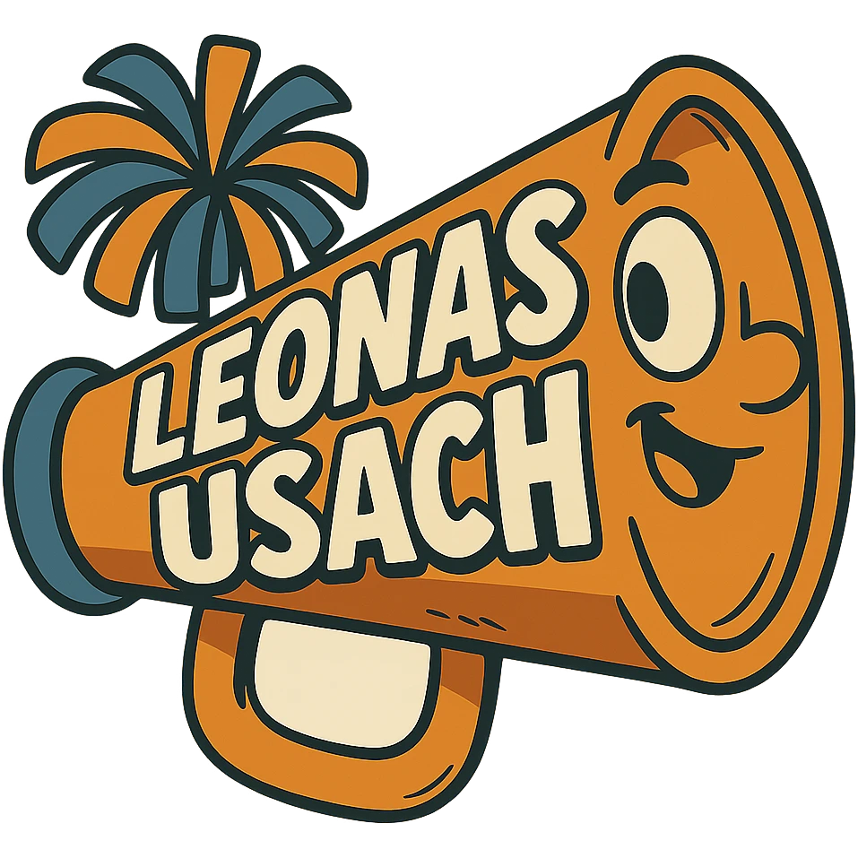 Change the text to 'Leonas Usach', maintaining the cartoon style with a transparent background. emoji