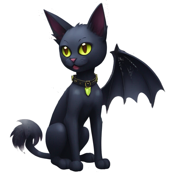   cool edgy beautiful anime-style ethereal dark-punk-themed animal vampiric cat-hybrid Fakemon with fangs and bat-wing-ears with a collar full body emoji