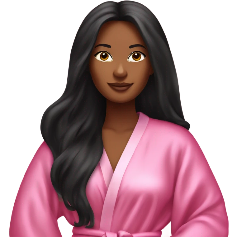 Tanned woman with long black hair wearing a silk pink Victoria’s Secret robe emoji