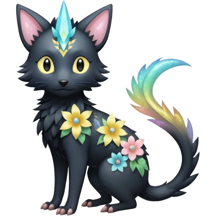Multicolored sparkly pastel dark iridescent light pale gloomy spooky cute adorable pretty cool elegant realistic floral exotic Trico-Bolthund-Luxray-hybrid, full body emoji