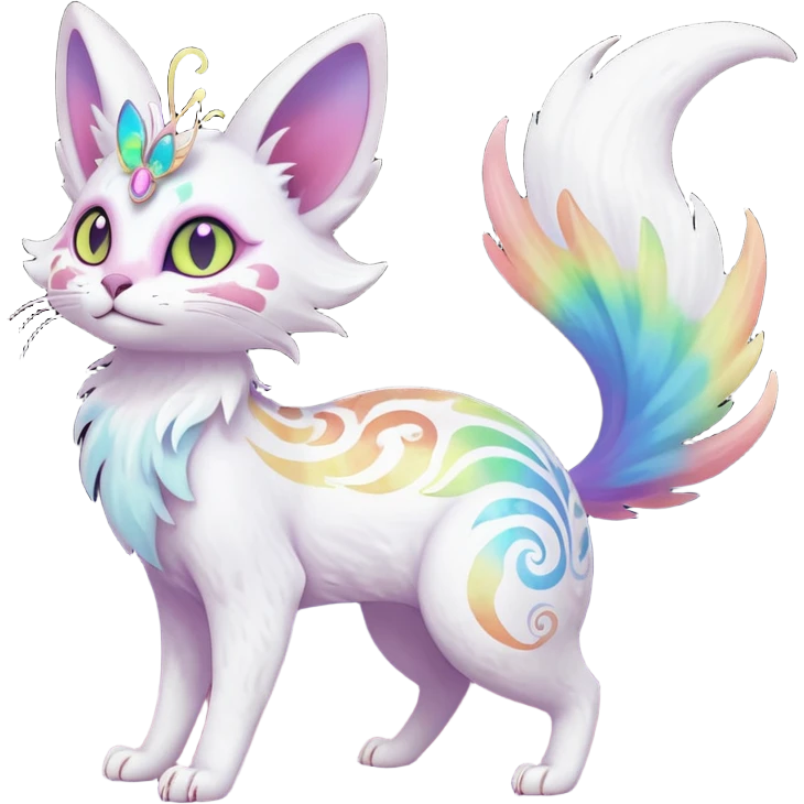 Pure-snow-White albino iridescent with pastel rainbow-gradients-color-markings with swirly patterns butterflies  faerie-Noivern-Noibat-Purloin-Torracat-Lykoi-Caracal-cat-Fakemon-fusion-hybrid-creature-scared emoji