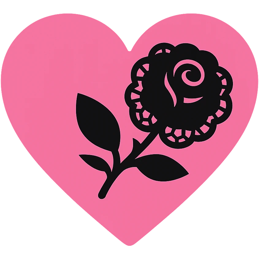gothic heart with a black lace rose, color icon filled style, pink and black emoji
