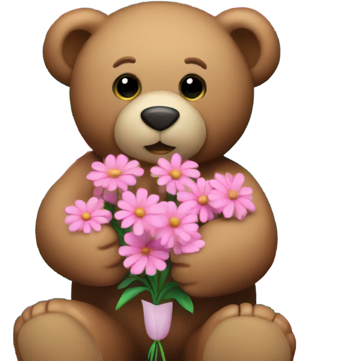 a teddy bear holding pink flowers emoji