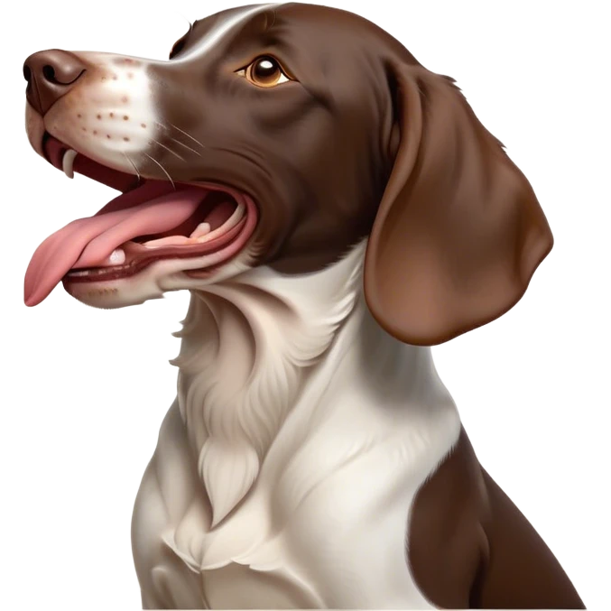 Cinematic Cute Yawning German Pointer Portrait Emoji, Head tilted slightly with a dramatic, wide-open yawn, revealing a sleek liver and white coat with a crisp finish, floppy ears slightly drooping, round brown eyes barely open in drowsy contentment, Simplified yet irresistibly adorable features, highly detailed, glowing with a soft, cozy glow, high shine, relaxed yet expressive, stylized with a touch of whimsy, bright and endearing, soft glowing outline, capturing the essence of a sleepy yet affectionate hunter, so drowsy it feels like it could stretch out of the screen and curl up for a nap! emoji