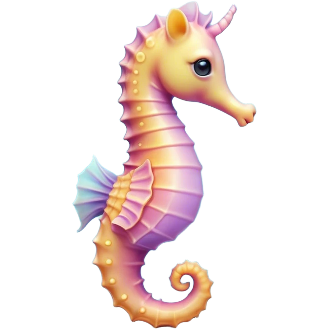 Cinematic Cute Sea Horse Portrait Emoji, Head tilted playfully and inquisitively, featuring a charming, petite seahorse with a softly curved body in pastel tones, a delicately coiled tail and round, sparkling eyes full of gentle wonder, Simplified yet irresistibly adorable features, highly detailed, glowing with a warm, inviting aquatic glow, high shine, affectionate and lively, stylized with a touch of enchanting marine charm, soft glowing outline, capturing the essence of a mischievous yet loving seahorse that seems as if it could float out of the screen into your arms! emoji