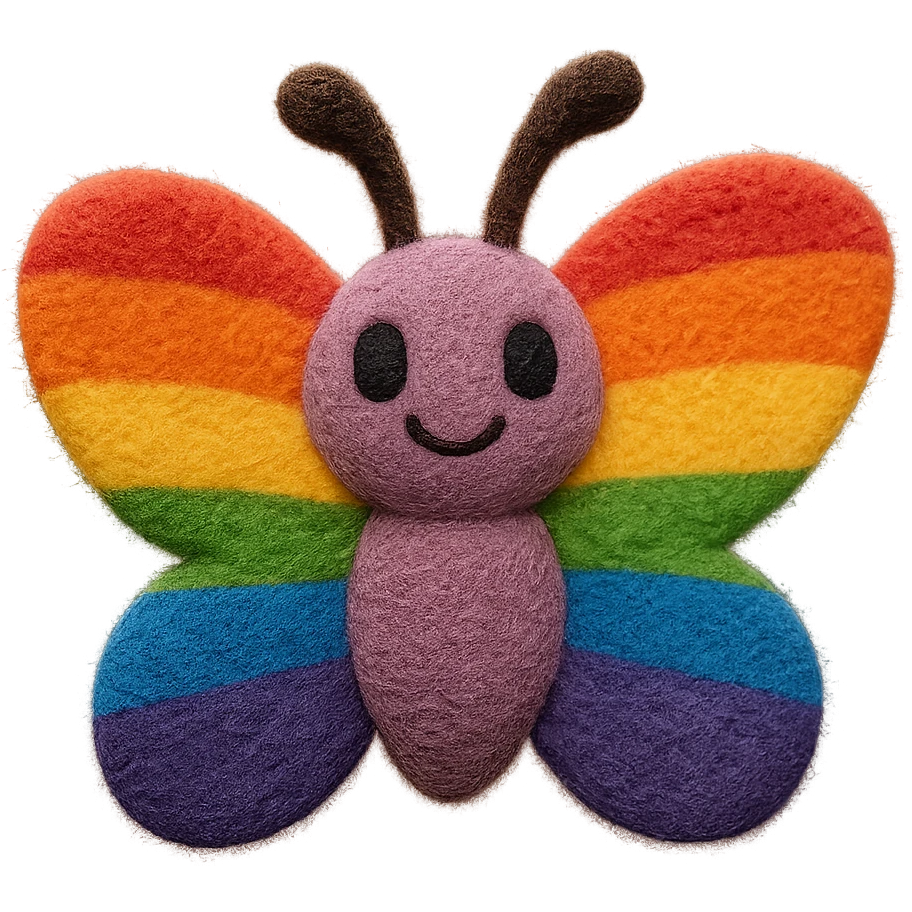 a butterfly in plush portrait style, soft and fluffy, rainbow pride colors, cute expression emoji