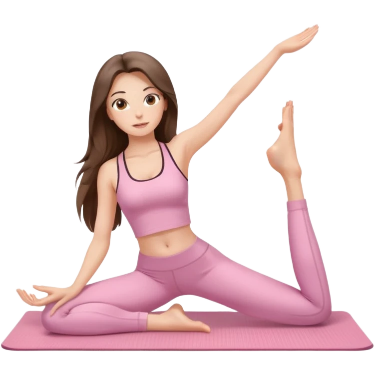 white brunette girl long hair with hazel eyes in light pink workout clothes stretching on a yoga mat emoji