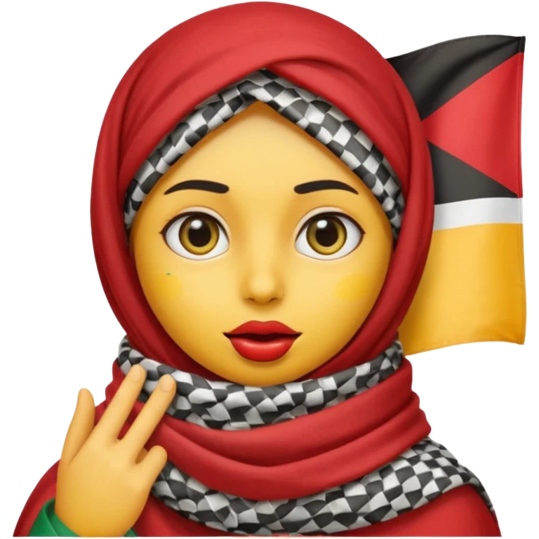 yellow emoji face with big eyes finger on lips in shh gesture Palestinian keffiyeh draped over head with small Palestinian flag detail on scarf emoji