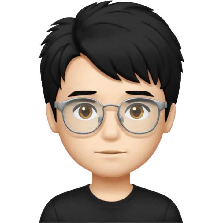 a boy wearing black t-shirt, has fluffy black hair and silver rectangular glasses emoji