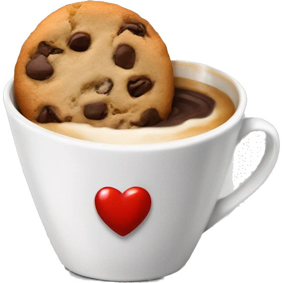A cup of coffe in a white cup with a bright red kiss mark on it with a half eaten chocolate chip cookie emoji