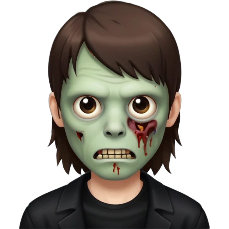 a zombie with dark circles under his eyes and medium brown hair with straight bangs, wearing black clothes
 emoji