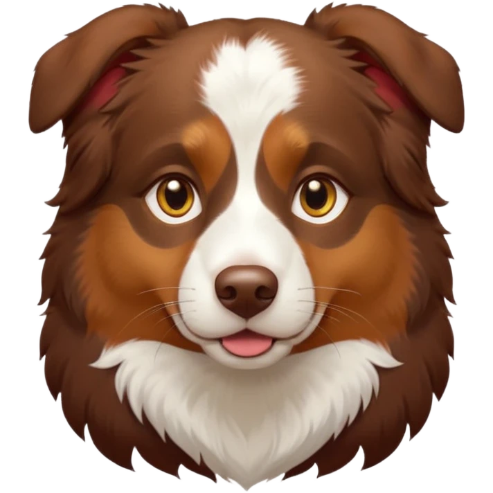A tri color Australian shepherd with a chocolate brown base coat, red/gold fur on his eyebrows and snout/cheeks, a white chest, and gold eyes. No white fur on his face, only brown and gold. emoji