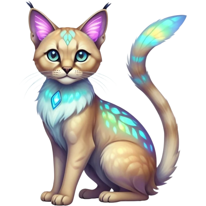 Colorful Neon exotic ethereal iridescent tropical shiny Fantasy-Siamese-Bobcat-Caracal-Moth-Scottish-Fold-feline-Fakémon-feline-hybrid (full body) emoji