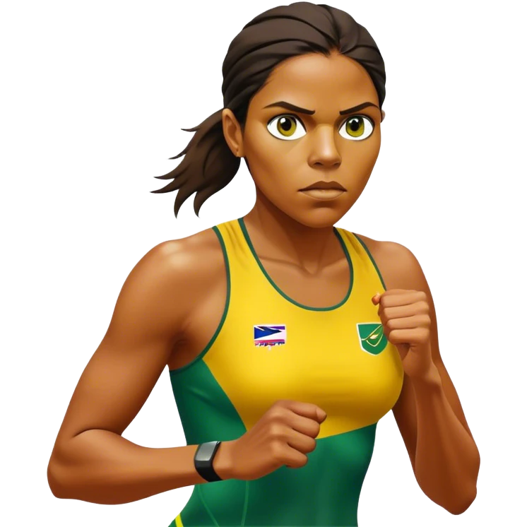 Cinematic Realistic portrait of Cathy Freeman, shown as an iconic Australian sprinter with a focused, determined expression and modern athletic yellow and green attire accented with subtle native motifs, rendered in dynamic, vibrant lighting emoji