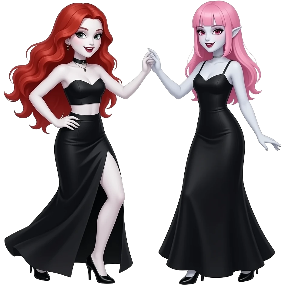 Vampiro femmina ADOLESCENTE con pelle bianca e capelli rossi lunghi ondulati che indossa una gonna lunga nera e un top-canottiera che balla con la sua amica VAMPIRO con la pelle bianca i capelli rosa con la frangia e un vestito lungo nero emoji