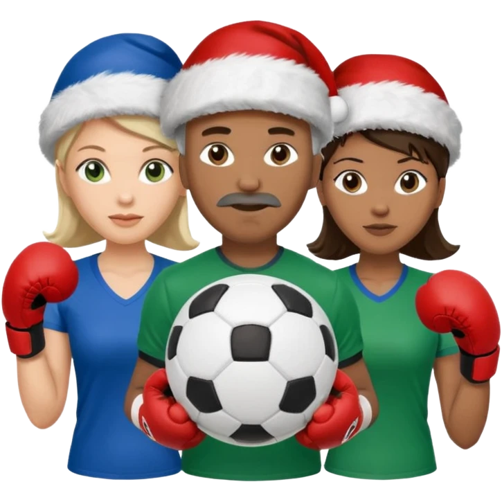 crie a imagem de 3 atletas, um homem no meio e duas mulheres, de modalidades esportivas diferentes, usando elementos esportivos, como por exemplo bola de futebol, luvas de luta e bola de vôlei... e usando um chápeu de papai noel das cores verde e azul. emoji