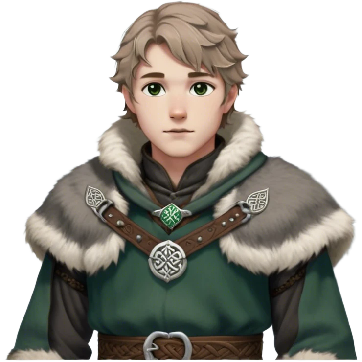 Medieval winter outfit worn by a DnD themed fantasy male character. Heavy charcoal wool tunic with arctic wolf fur lining, adorned with intricate iron clasps and a thick leather belt with celtic knotwork. Clothes only above the waist, full waist coverage. The character has no arms. Character is white-skinned with light brown hair, gray-green eyes, and short wavy hair dusted with winter's touch. emoji