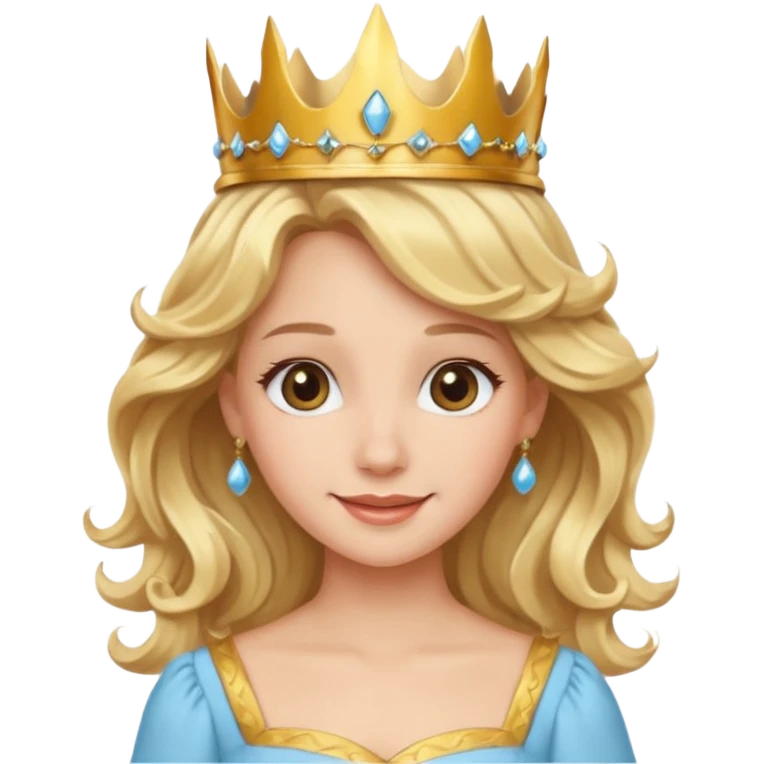 Cheerful blonde princess with wavy hair and light blue dress, wearing crown emoji