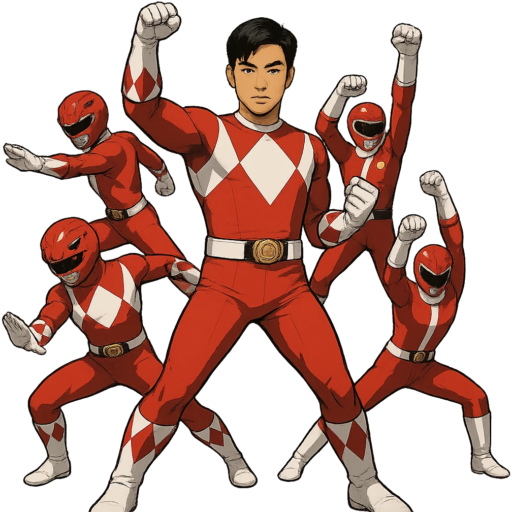 red ranger team assembling, asian male with black hair emoji