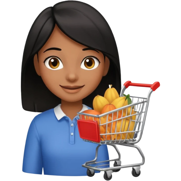 Uma menina morena cabelo liso preto olhos puxados fazendo compra emoji