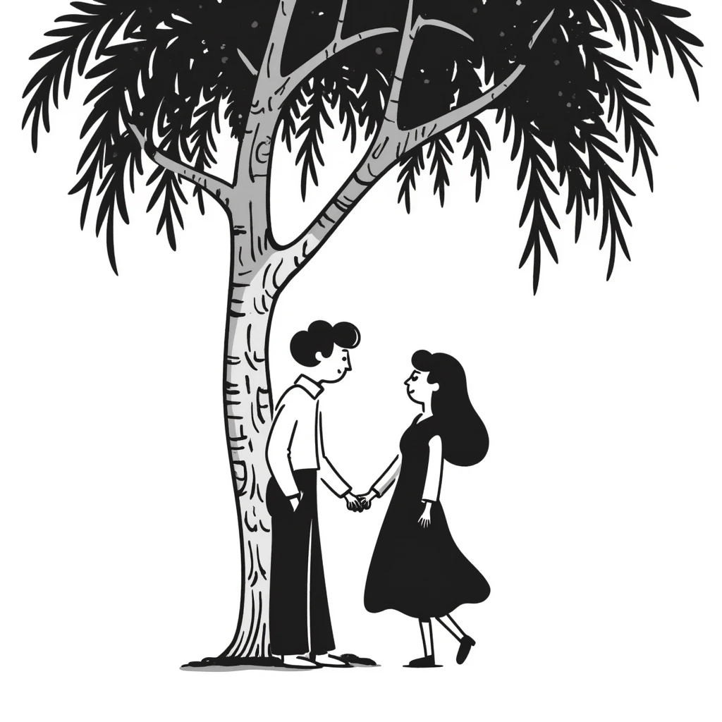 Hand-drawn romantic scene with two people holding hands under a tree emoji
