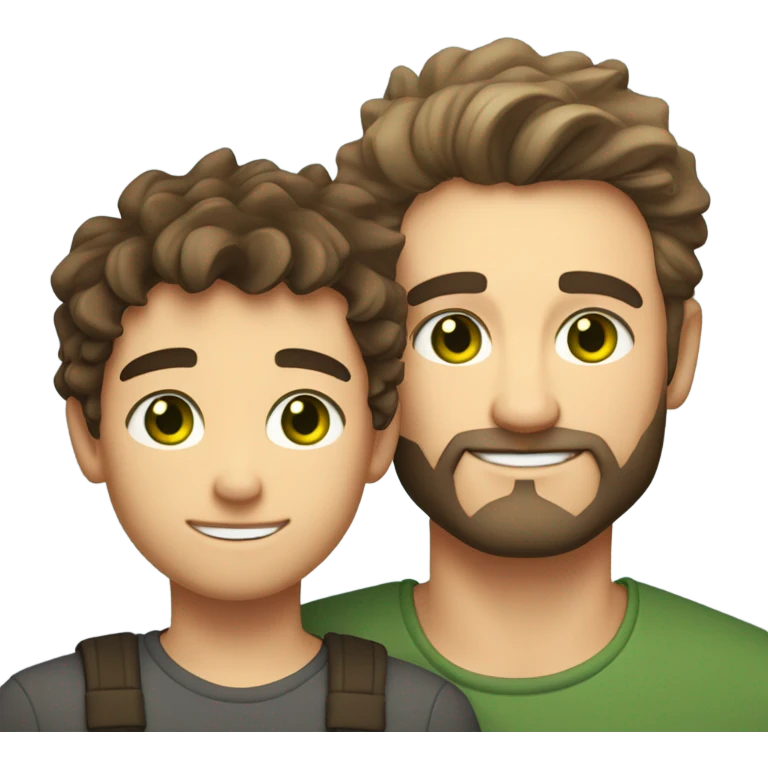 Handsome Father 40s green eyes with short full beard with Son 13s light brown eyes tousled bedhead look both has brunette hair light skin arms on shoulder portrait emoji