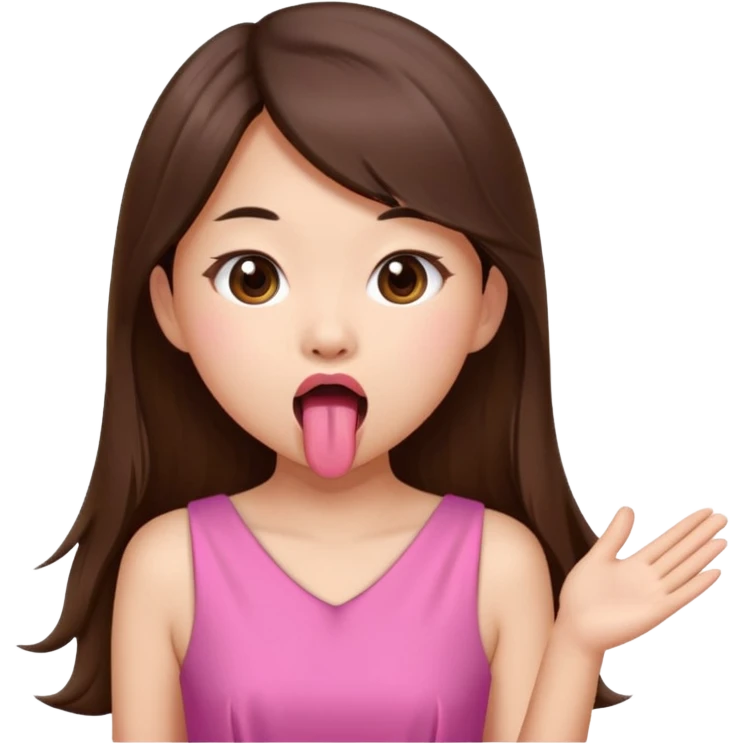 asian girl with long brown hair and fair skin wearing pink dress sticking tongue out emoji