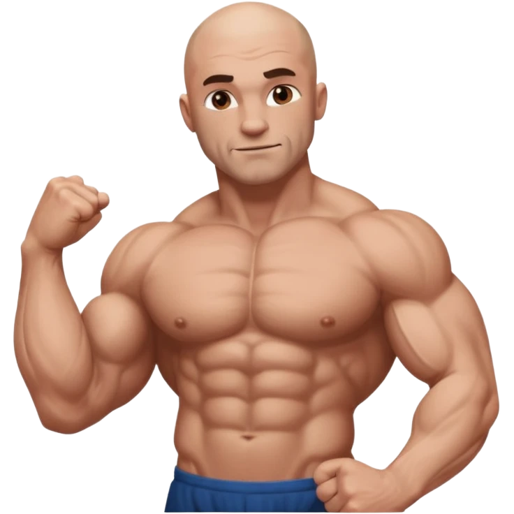 White skin, Shirtless, brown hairy chest, Bodybuilder, big biceps and shoulders. Bald head emoji