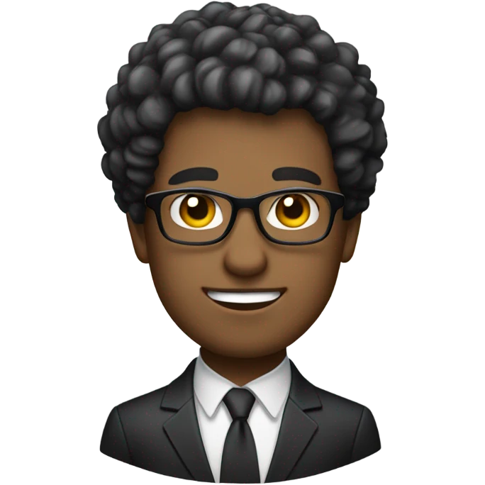 Create an emoji representation of a confident man with short curly hair, wearing glasses and a formal dark suit with a white shirt. The expression should be neutral yet professional, reflecting a determined and focused personality. emoji