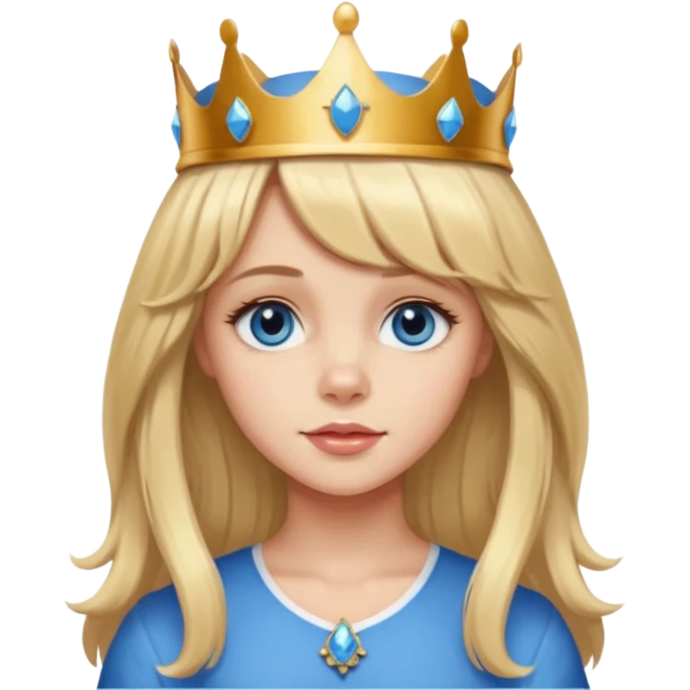 simple Blonde girl with bangs, long seductive hair and blue eyes, and a simple crown. giving cockerspaniel energy head only emoji