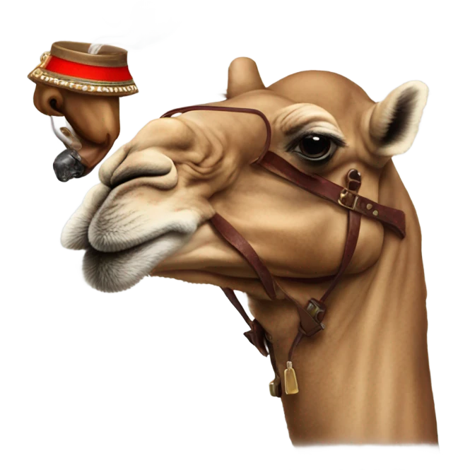 Camel in a leather jacket and a fez smoking a cigarette emoji