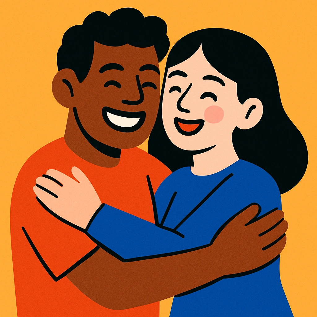 illustration of a brown-skinned man and a white-skinned woman with black hair hugging, simple background emoji