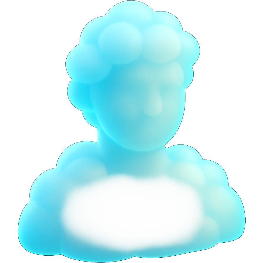 front view shoulder-up person fully made of bright, puffy clouds, face also made of clouds, bright colors, matte glass style emoji