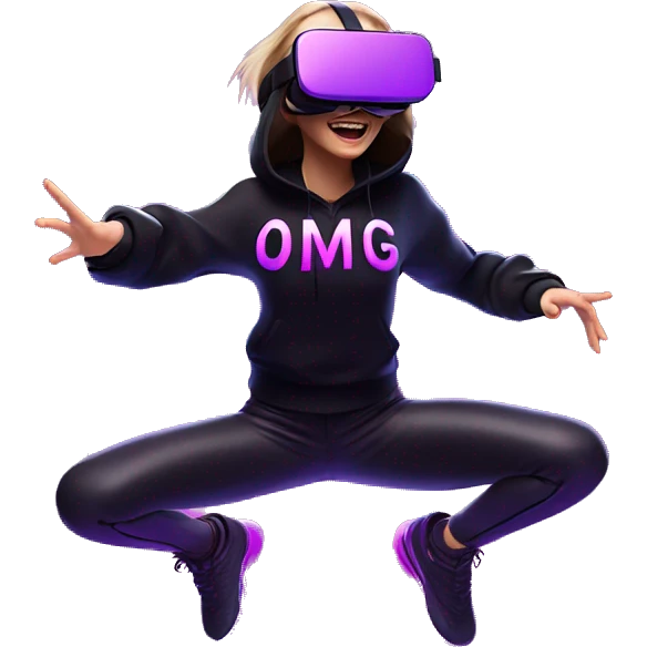 Russian girl wearing black hoody with violet letters "OMG", in vr headset oculus quest2. jumping. Cyberpunk style. Violet neon. emoji