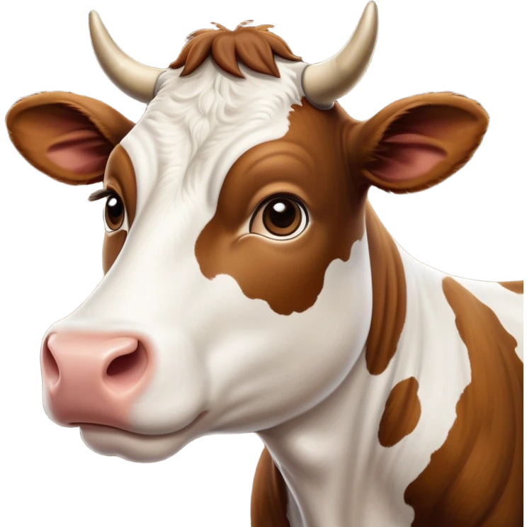 cinematic-noble-brown-and-white-cow-portrait-emoji,-poised-and-regal,-with-a-large,-sturdy-build-and-a-beautifully-patterned-hide-of-rich-brown-accented-by-crisp-white-patches,-deep-set-soulful-brown-eyes,-simplified-yet-sharp-and-sophisticated emoji