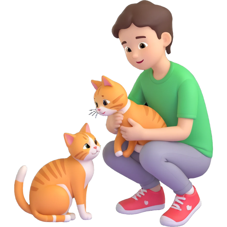 boy and cat pet in forrest background, close up pose emoji
