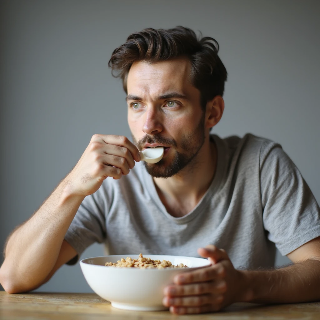 hyperrealistic 4K man isolated on white background having breakfast, eating cereal with milk, natural pose, realistic details, variant 3 emoji