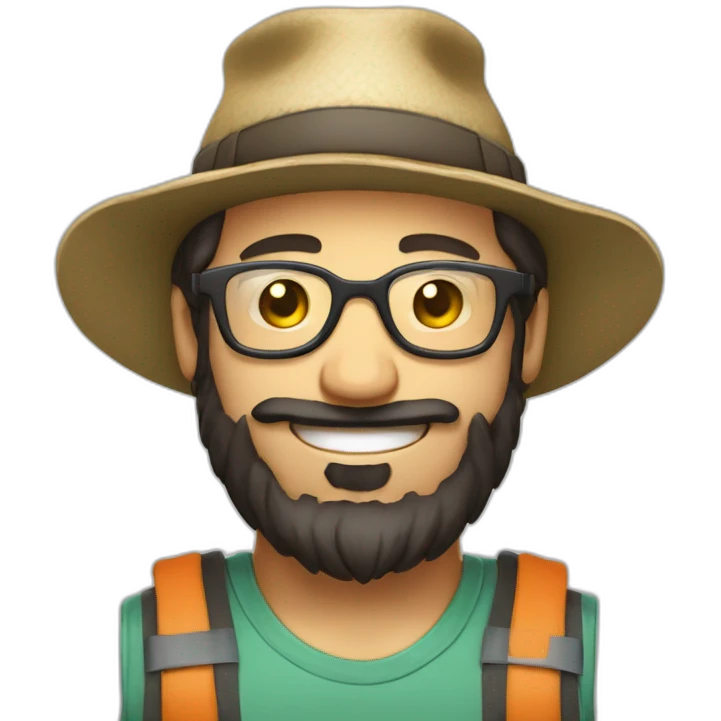 happy smile gardener face long dark beard and very short dark hair with little transparent glasses and a hat emoji