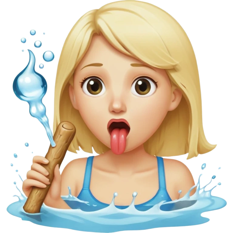 blond woman eating a wide stick with a half-round knob shaped like the letter D, both stick and knob same color as her skin, knob with visible skin texture, water stream squirting from flat side of knob into her open mouth, surprised expression emoji