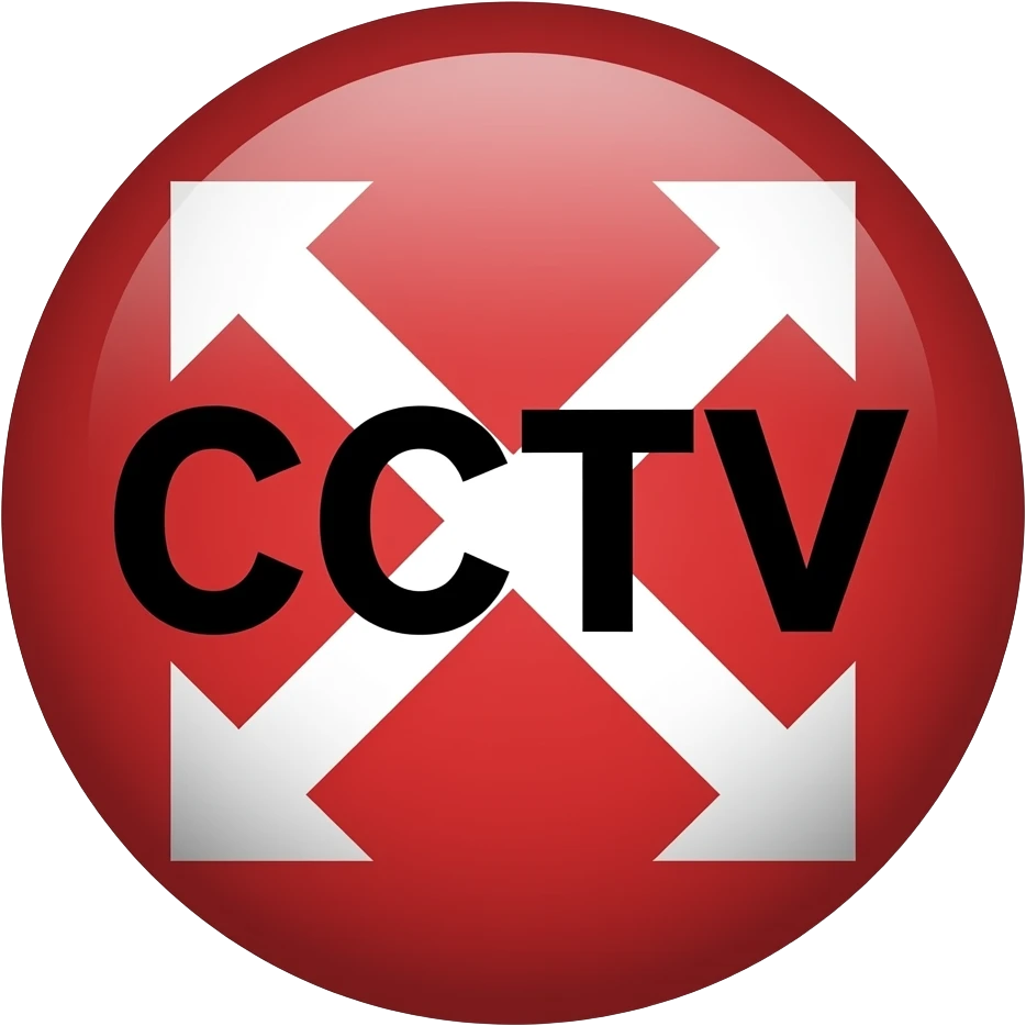 Red filled circle with white X and arrow on all end points on the X white circle in the middle. Big bold CCTV word in the centre in black emoji