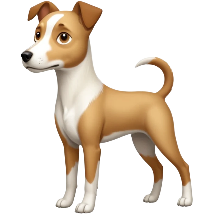 a full body large white parson russell looking dog the size of a kelpie with light brown flapped down ears and a light brown patch on one eye and a large snout emoji