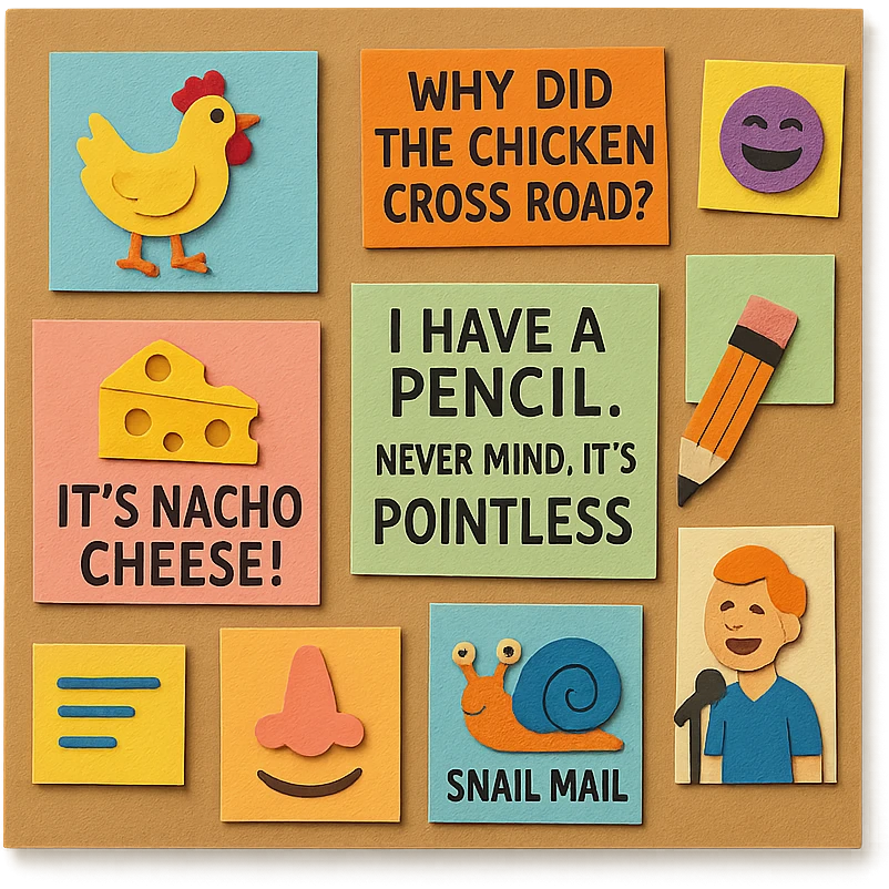 paper craft style wall of jokes, a detailed paper craft style scene of a wall covered with various humorous illustrations and jokes emoji